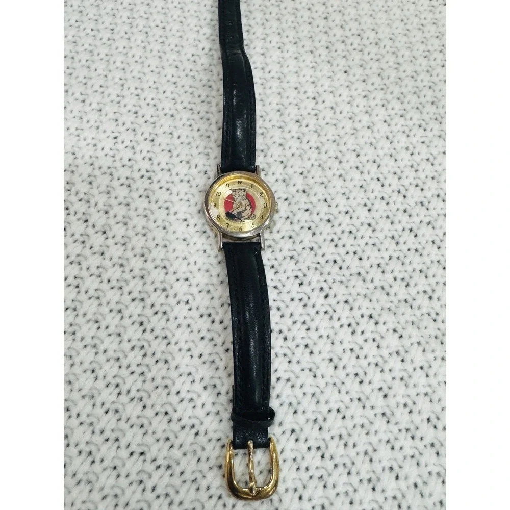 Vintage Cat & Mouse Novelty Quartz Watch Gold Tone Black Strap Working